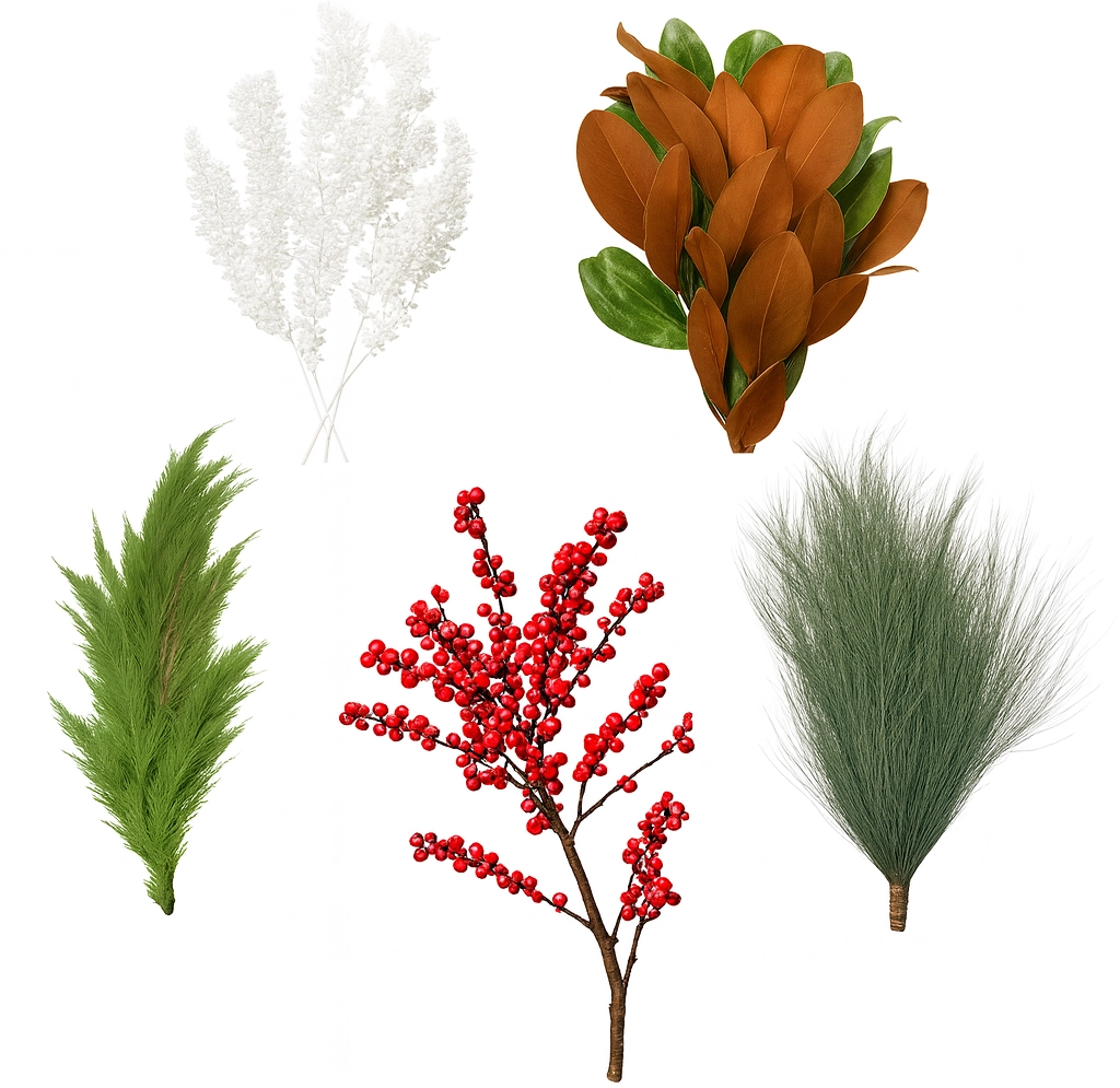 Christmas Mixed Box Collection - Twinkle, 5 festive bunches with greenery, red berries, magnolia leaves, and frosted accents.
