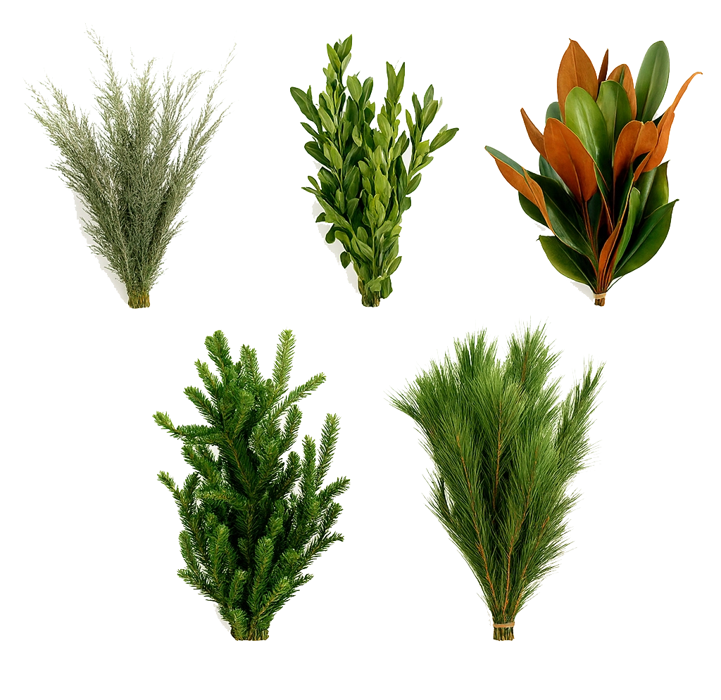 Deluxe Christmas Mixed Box Collection with 10 bunches of fresh holiday greenery, featuring cedar, boxwood, magnolia leaves, and pine, perfect for seasonal décor.
