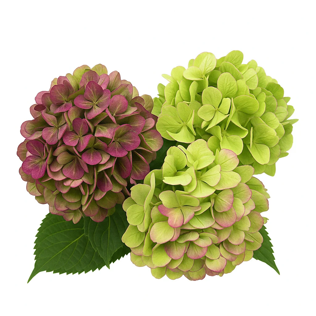 Trio of hydrangeas in bright lime green and deep plum, with pink-tinged petals and layered textures, arranged against a clean white background.