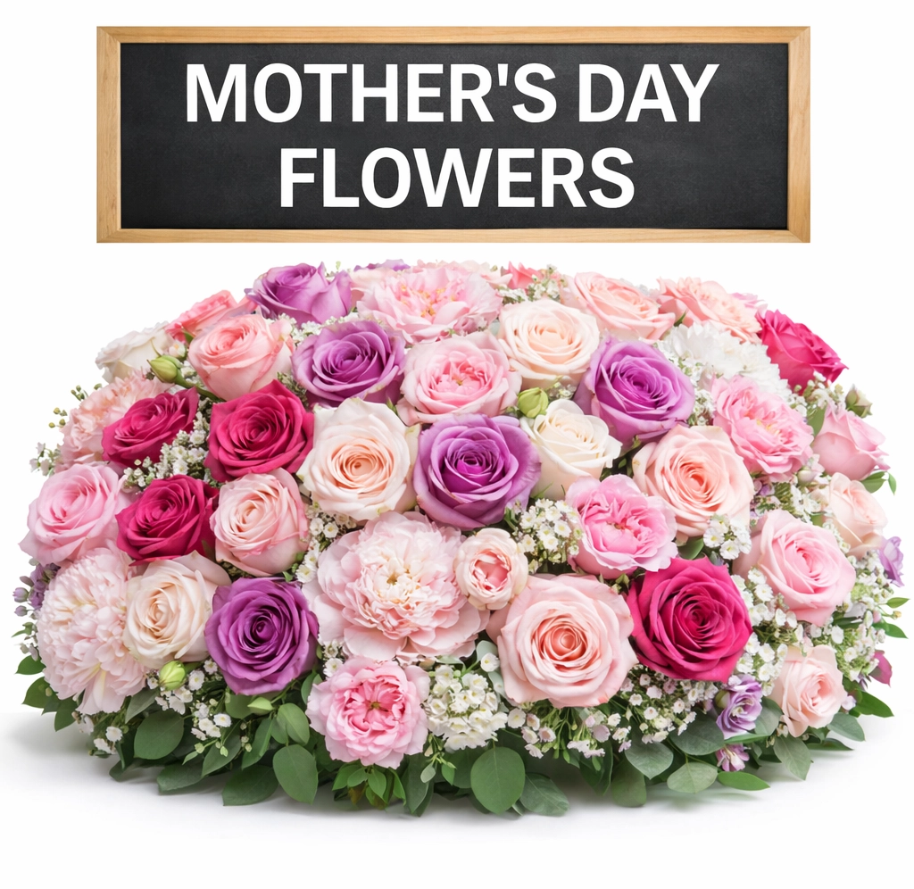 Mother’s Day flowers featuring a large bouquet of pink roses and daisies wrapped for gifting and celebrating Mom with fresh seasonal blooms.