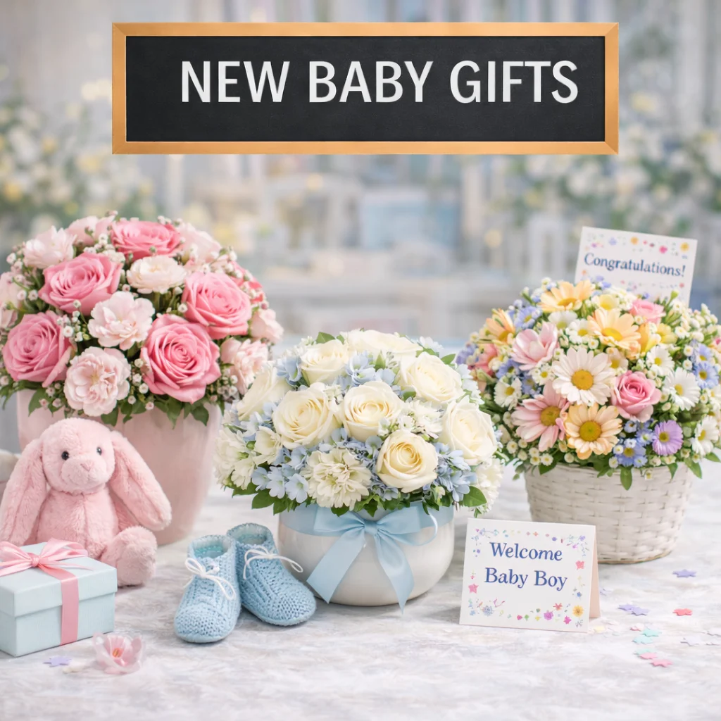 New baby gifts with soft pink, blue, and white flowers, baby shower bouquets, plush accents, and welcome-home blooms for joyful family celebrations.