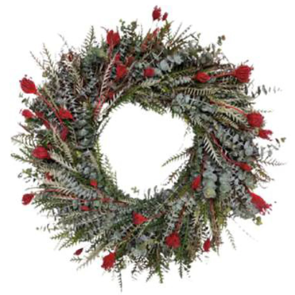 Night Before Christmas Wreath featuring Red Fennel, sculptural Grevillea, and soft Baby Blue eucalyptus greenery.