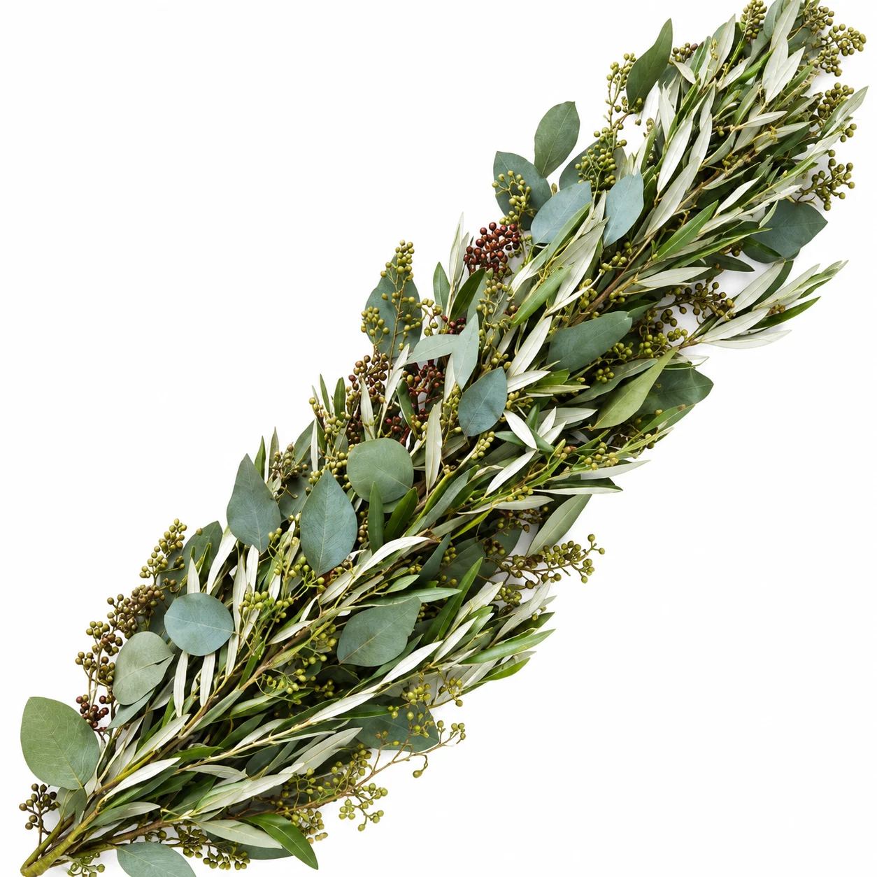 Fresh Olive Silver Seeded Garland, 5 inches wide, with olive foliage and seeded greenery for wedding and event décor.