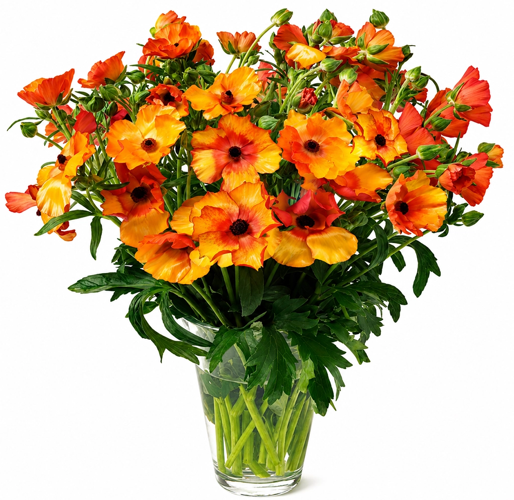 Orange Butterfly Ranunculus Minoan wholesale flowers with glowing orange blooms for garden-style wedding arrangements.