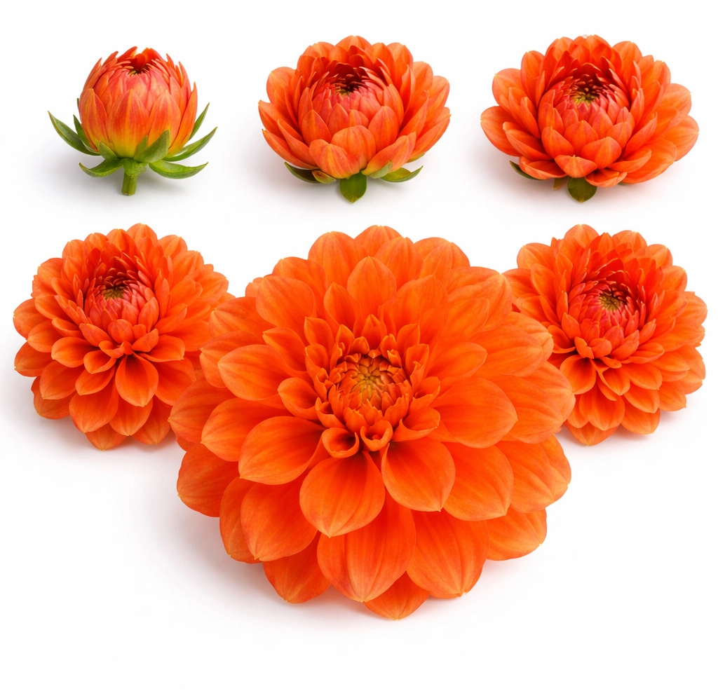 Orange Dahlia Stone in multiple bloom stages from tight bud to fully open flower for wedding floral design