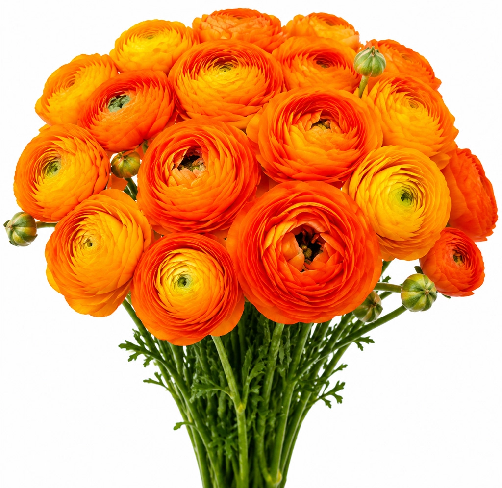 Fresh orange ranunculus flowers available for next-day bulk delivery for weddings and special events.
