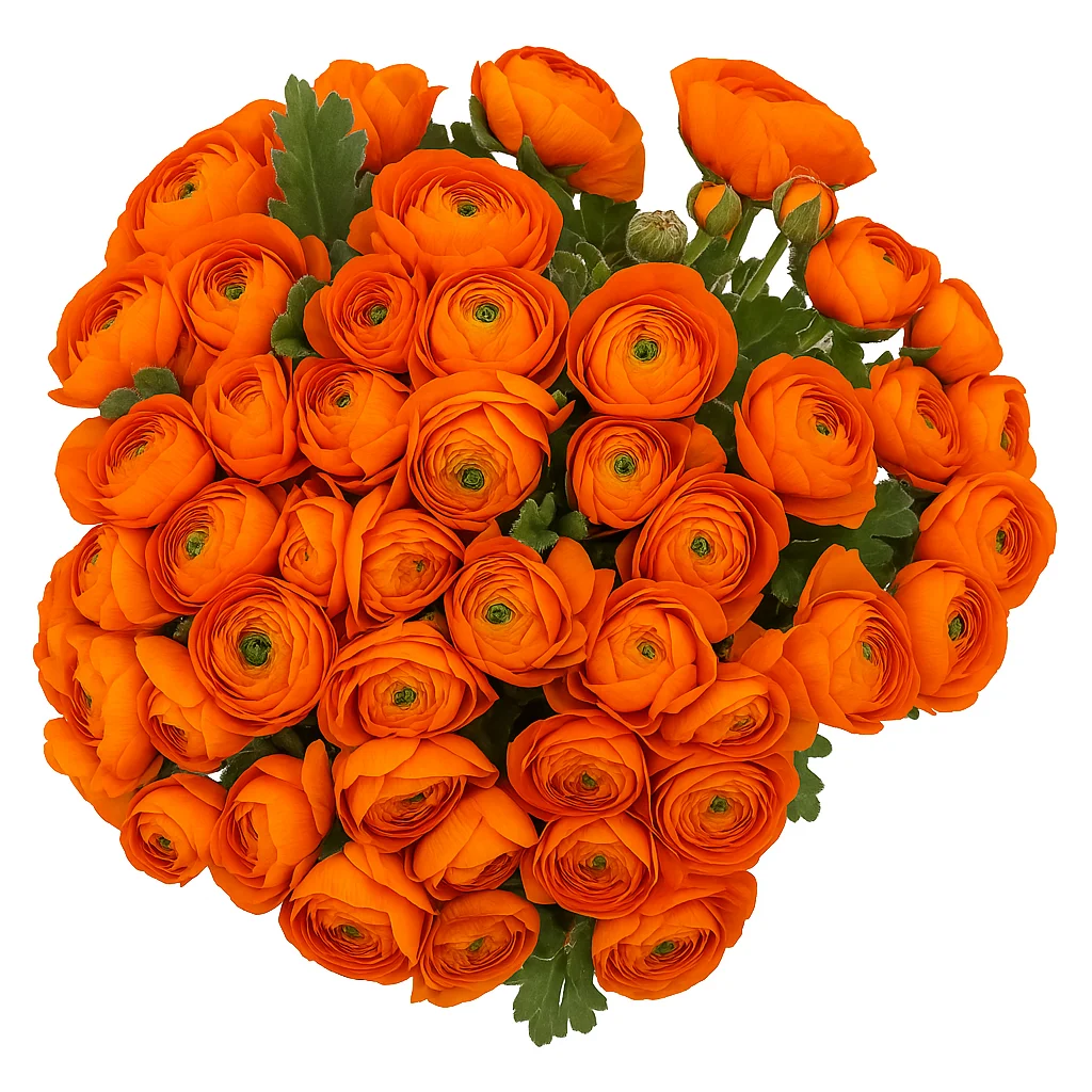 Orange ranunculus wedding flowers with bright tangerine petals and layered blooms, perfect for fall weddings, bold bouquets, and sunny event décor.