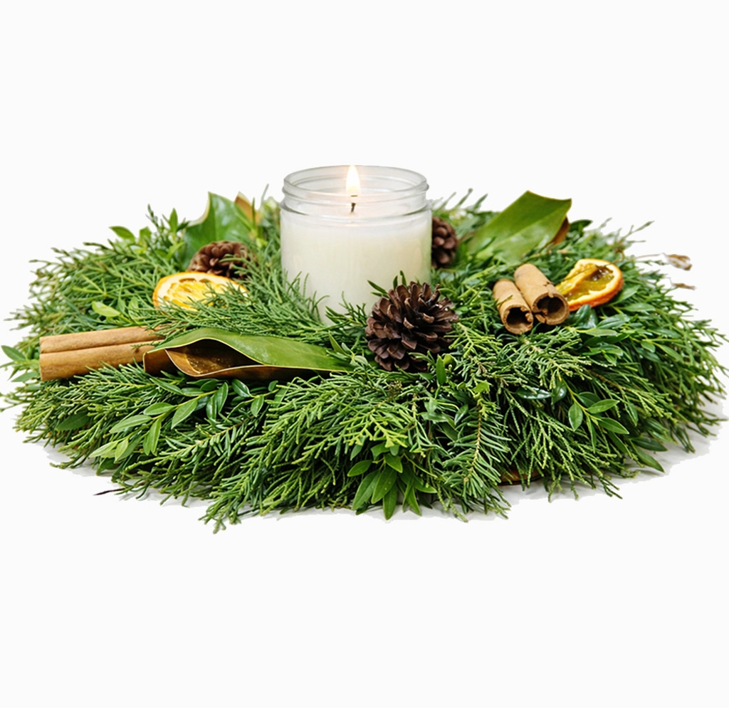 Orange Spice Candle Ring with lush greenery, dried oranges, cinnamon sticks, and pinecones, perfect for holiday table centerpieces and warm seasonal decor.