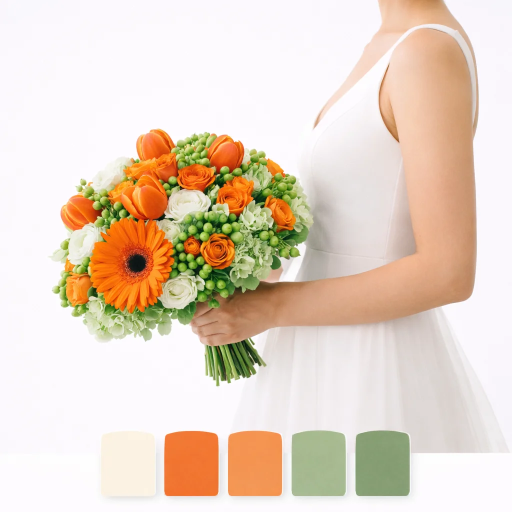 Bright orange wedding flower package with gerberas, spray roses and tulips for bold fall bridal bouquet style.