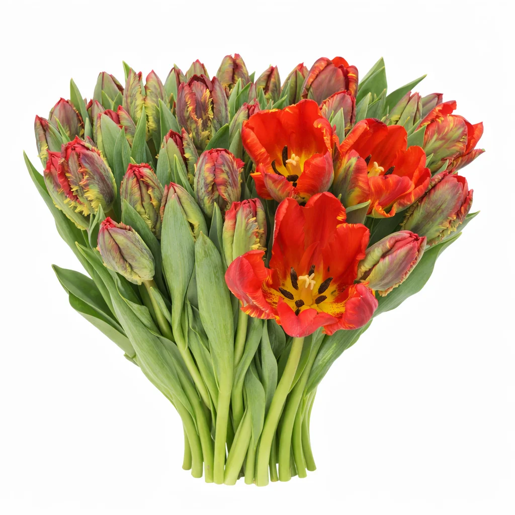 Rococo red parrot tulip bouquet arrangement – bulk wholesale wedding flowers for bold floral designs.