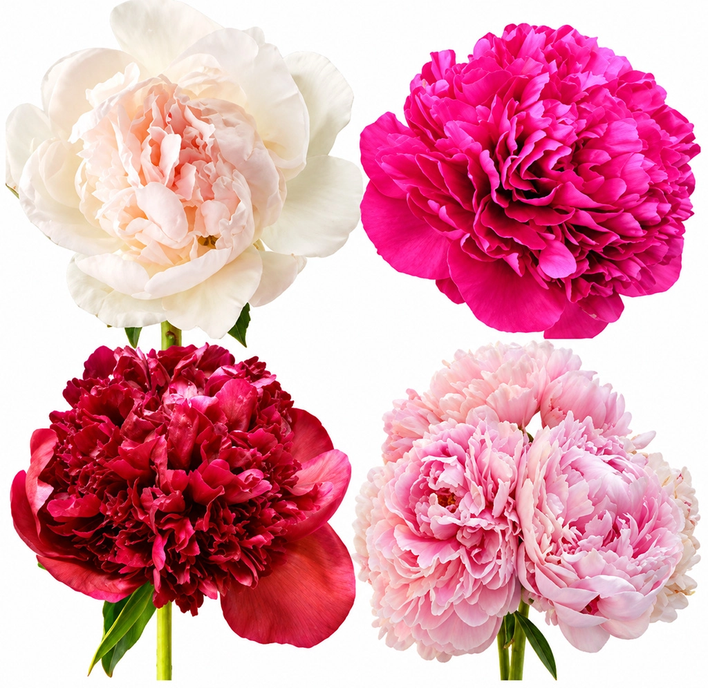 Peonies in September in white, pink, hot pink and burgundy colors.