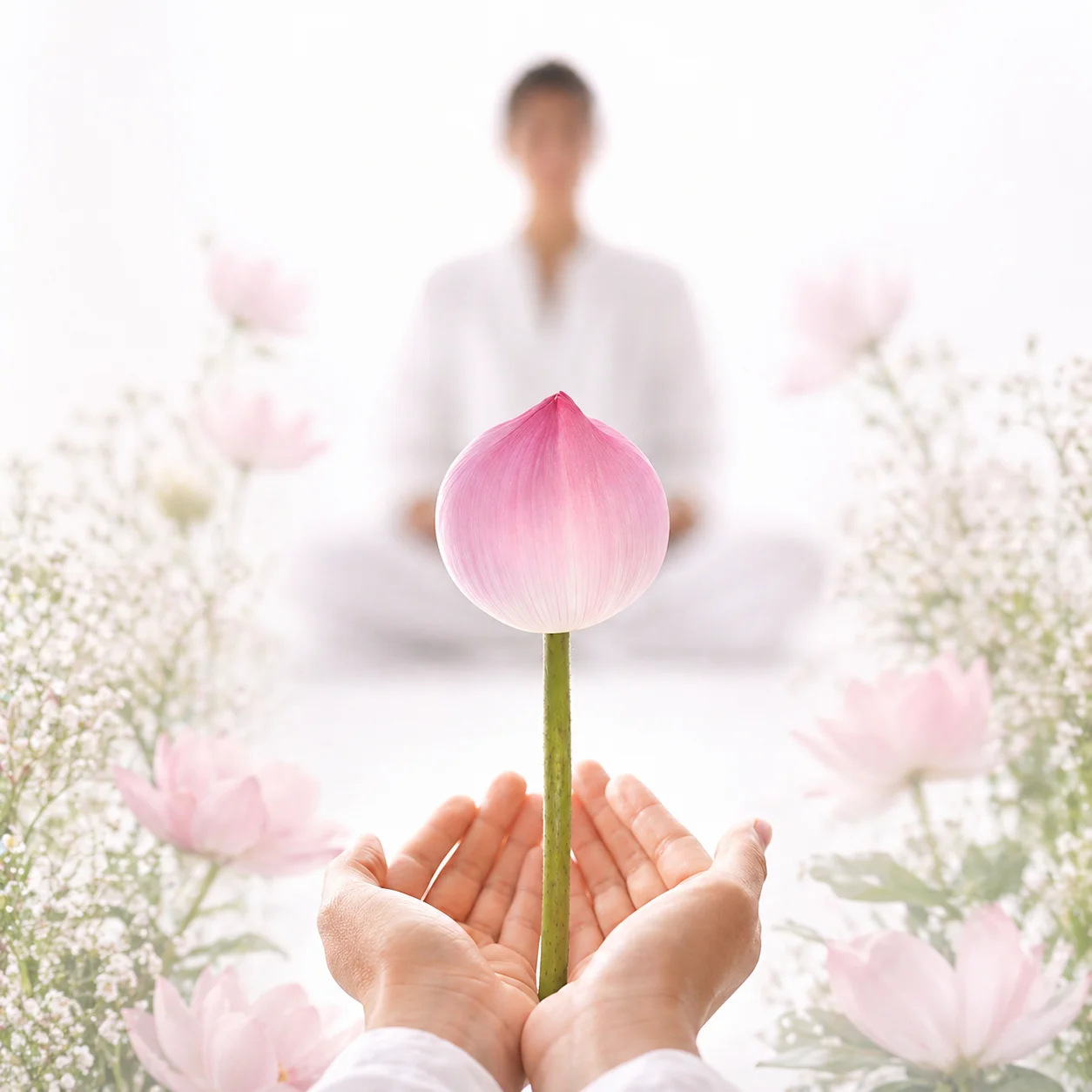 Pink lotus flower held in hands with soft floral background, perfect for wedding decor, spa styling and event arrangements.