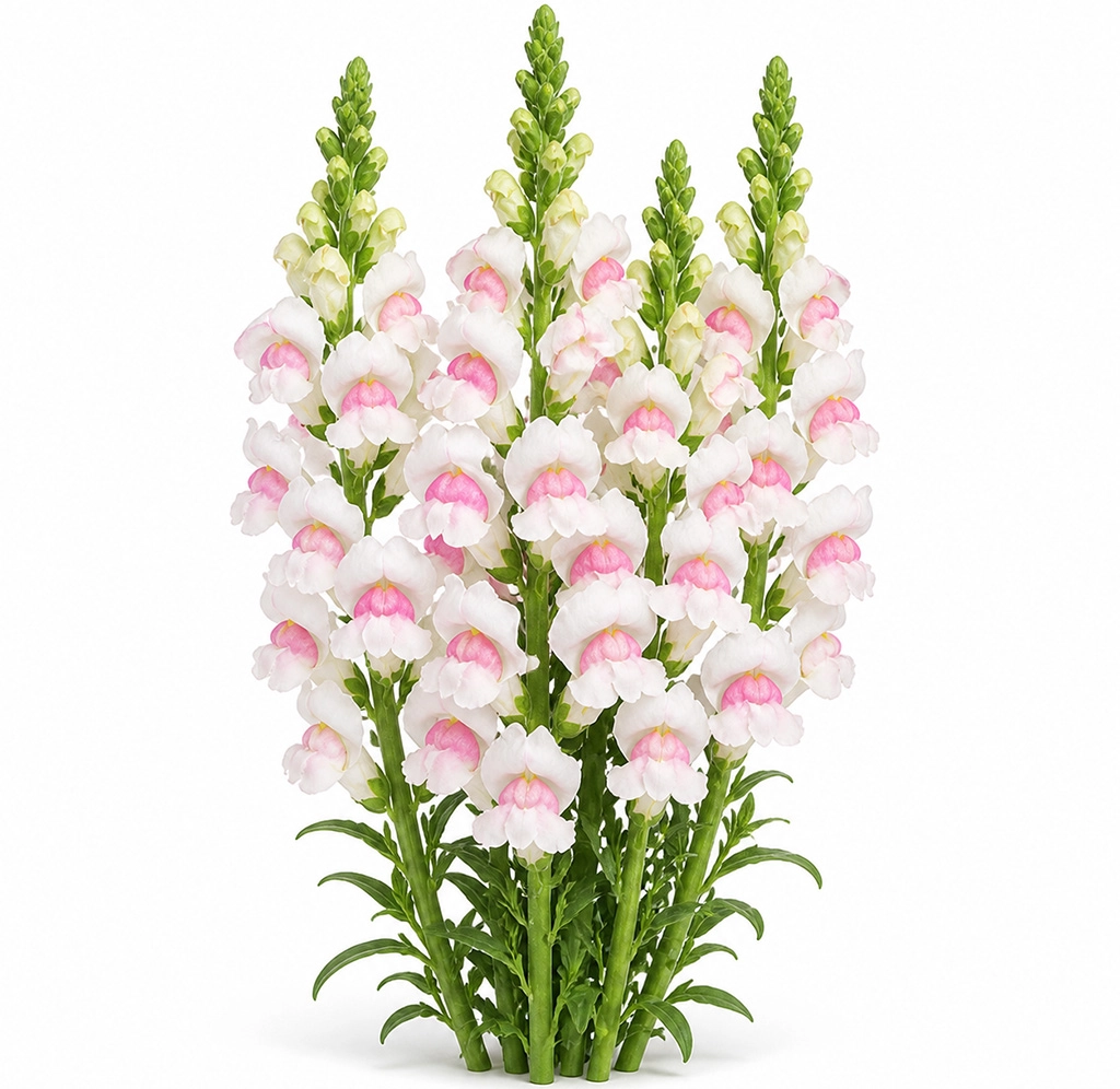 Close-up of bi-color snapdragon flowers with soft white petals and delicate pink accents, arranged on tall green stems, adding a touch of elegance and contrast to floral designs.