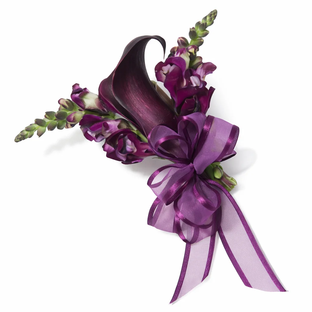 Purple mini calla corsage adds elegance to weddings, events, and romantic floral themes.