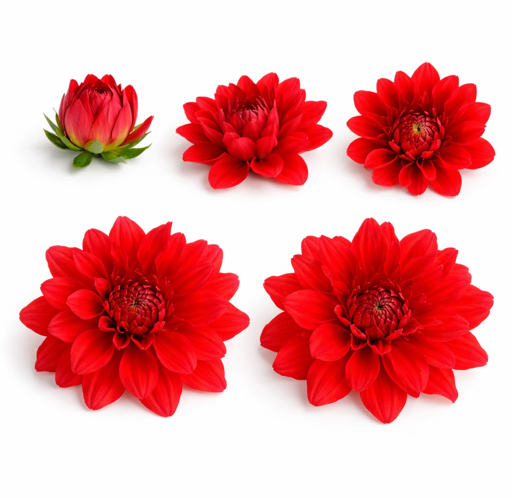 Red Garnet Dahlia flowers displaying different stages from bud to full bloom available in bulk at wholesale prices for wedding centerpieces and DIY floral arrangements
