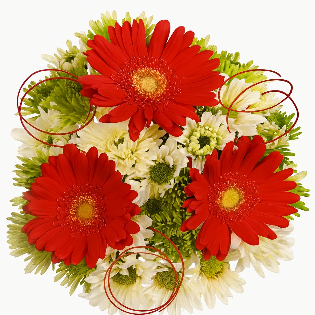 Arrangement of red gerbera daisies with white and green poms accented by decorative red wire loops.