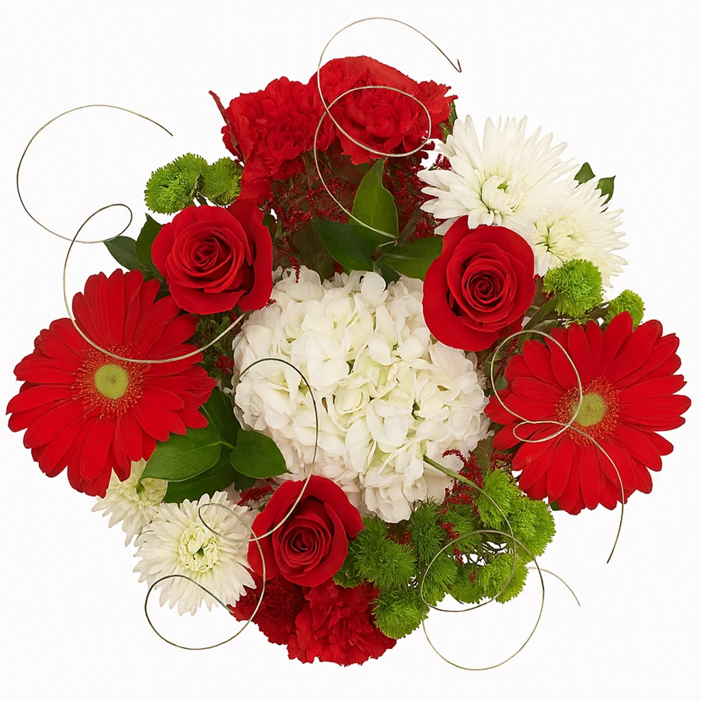 Bouquet with red gerberas, roses, carnations, white hydrangea and poms, accented by green button poms and curled decorative wire.