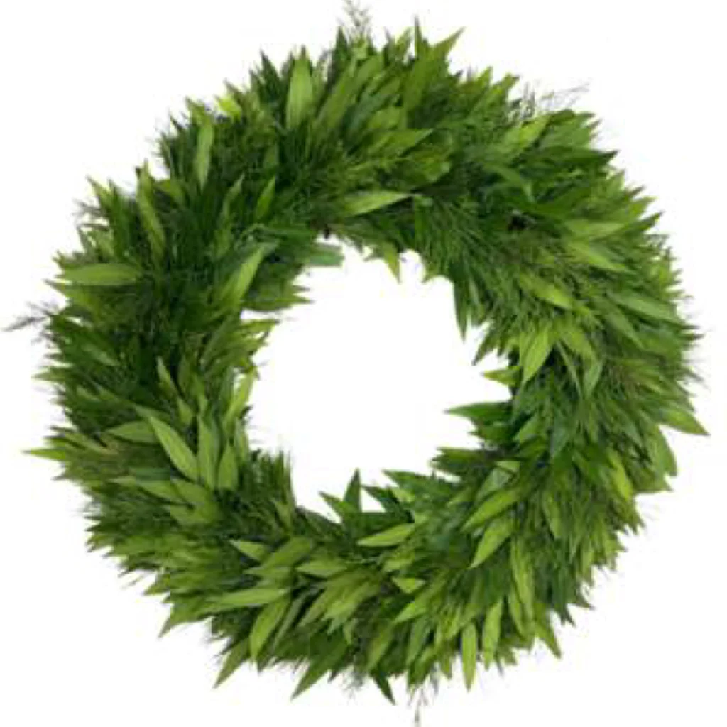 Reindeer Food Wreath made with fresh Bay Leaf, soft Cedar branches, and fragrant Pine for holiday décor.