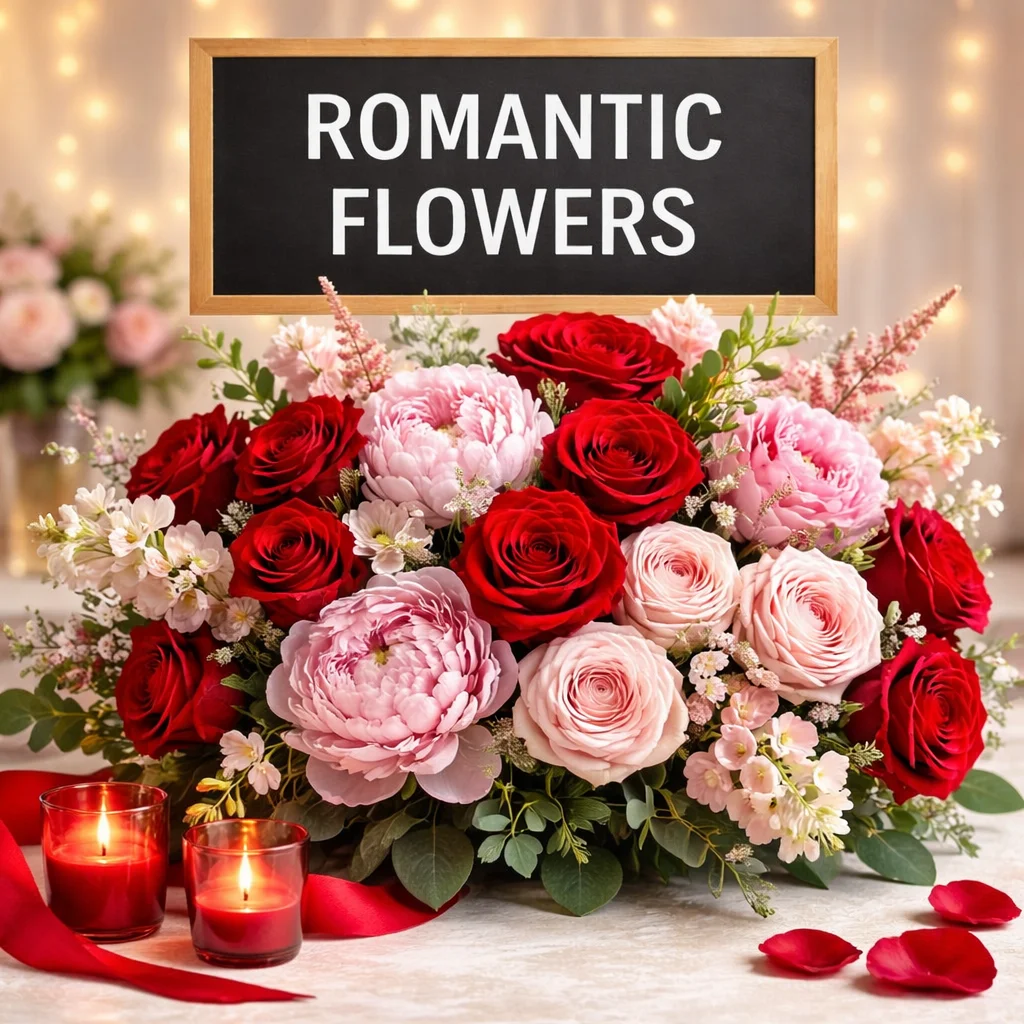Romantic flowers with red roses, pink blooms, candles, petals, and soft floral accents for love, anniversaries, weddings, and special moments.
