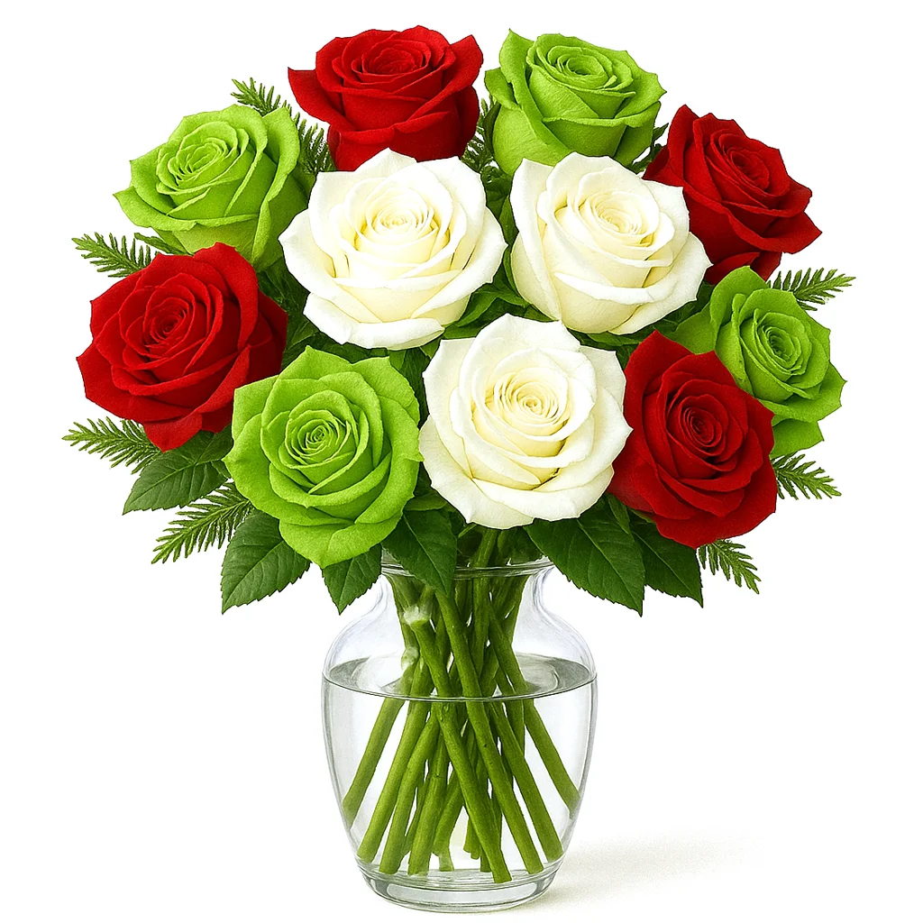 Winter rose bouquet featuring premium seasonal roses arranged in a vase on a white background.