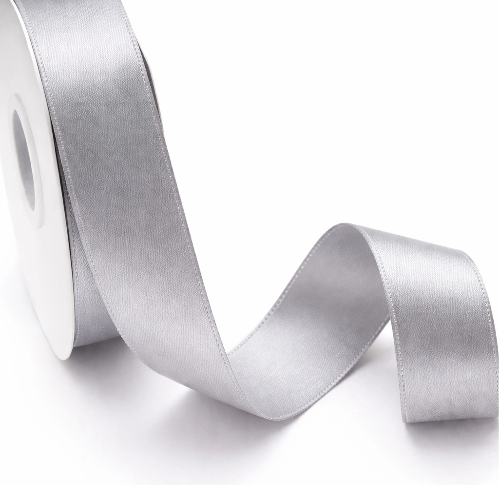 Silver satin ribbon 1 3/8 inch double faced for weddings and event décor.