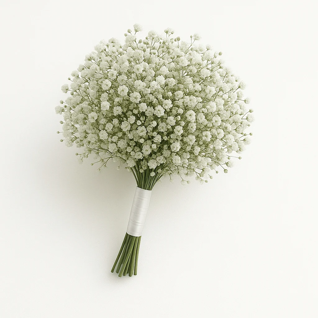 A single large bridal bouquet of baby’s breath tied with white satin ribbon, isolated against a soft white background for a minimalist wedding look.