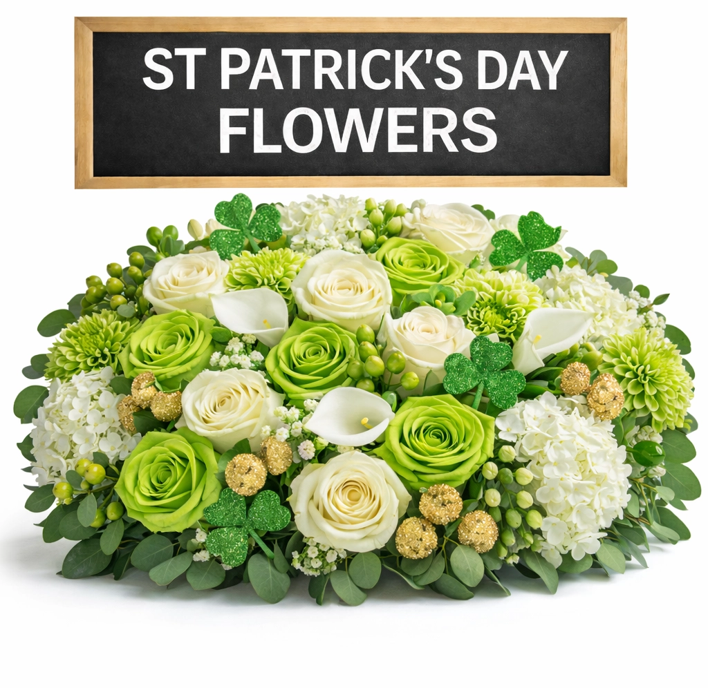 St. Patrick’s Day flowers featuring green roses, shamrock-inspired details, and festive blooms for spring celebrations and themed floral designs.