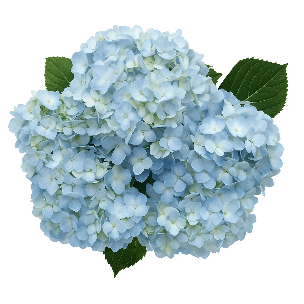 Cluster of pale blue hydrangea blooms with soft gradients of white and blue petals, framed by rich green leaves and set against a clean white background.