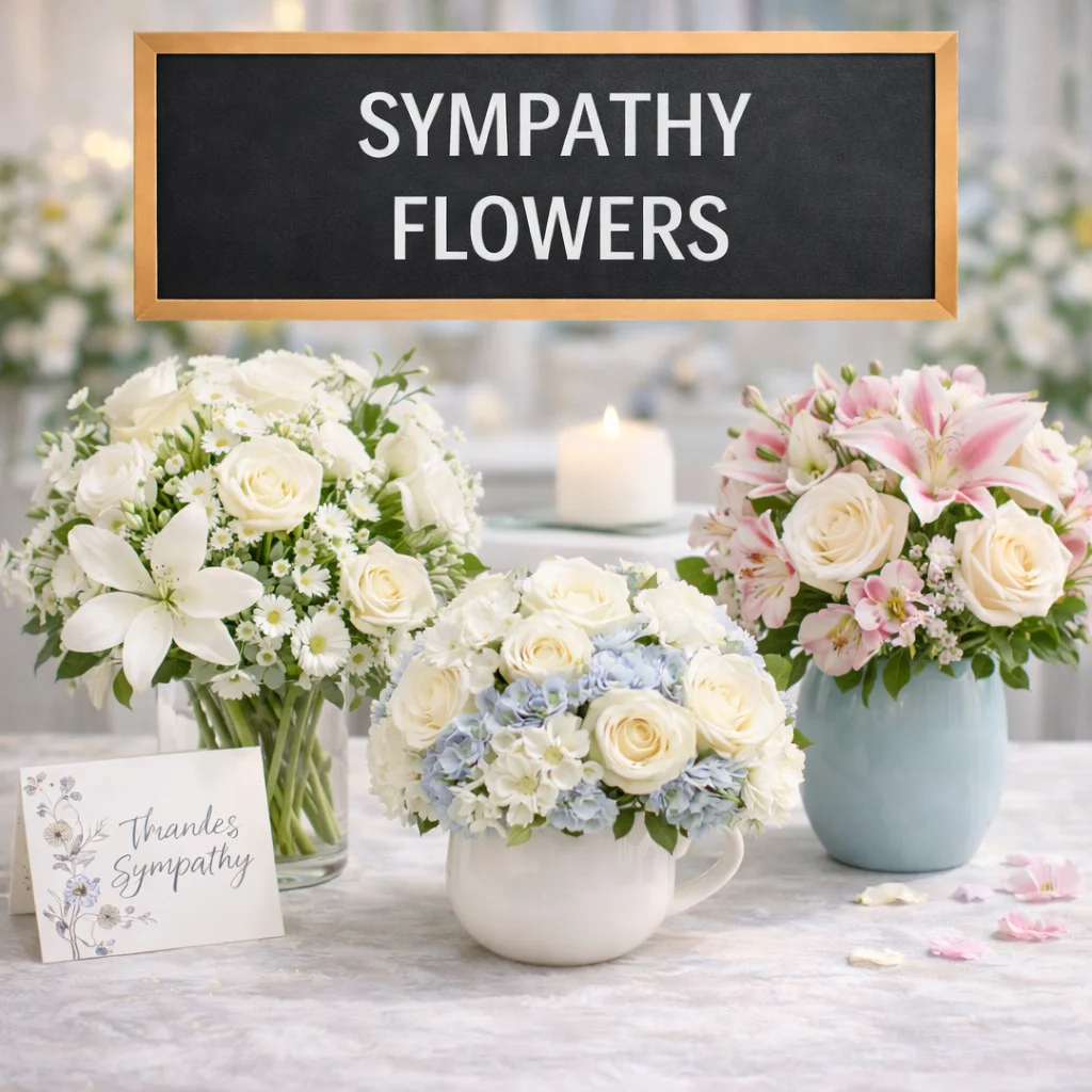 Sympathy flowers with soft white, cream, blue, and pink blooms, candles, and condolence accents for memorials, funerals, and heartfelt tributes.