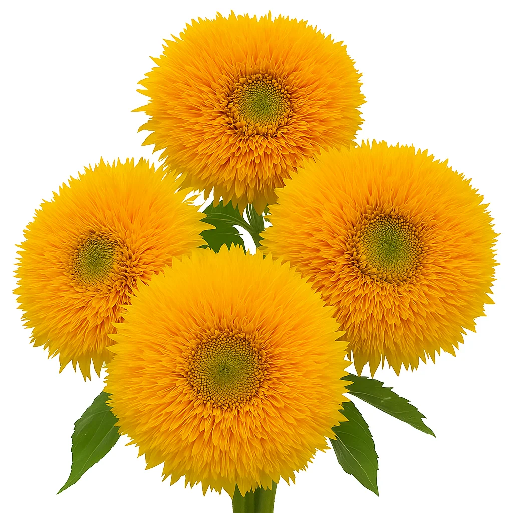 Teddy Bear Sunflower with golden double petals and plush texture, ideal for charming garden arrangements and cheerful bouquet designs.