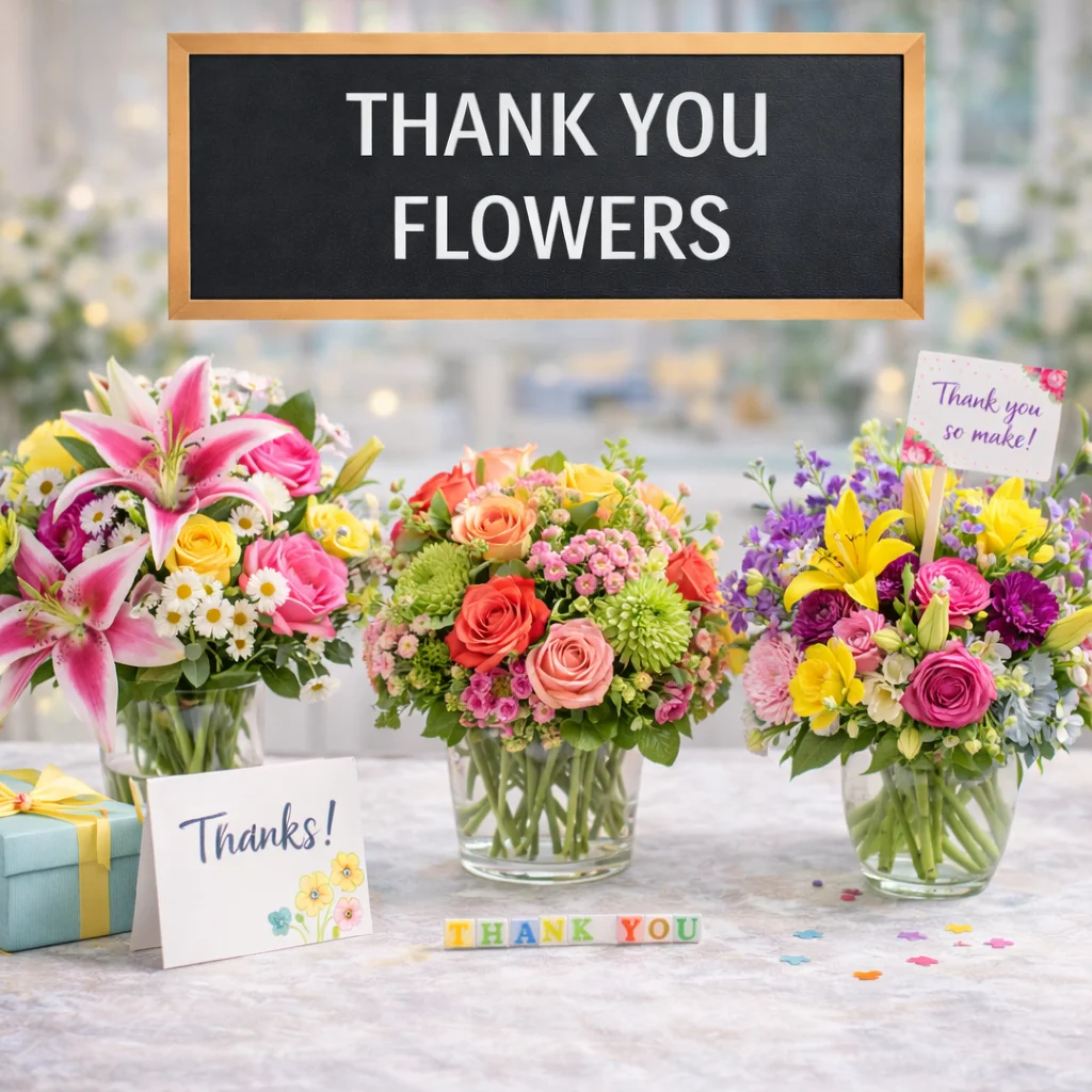 Thank you flowers with colorful bouquets, roses, lilies, bright blooms, and appreciation cards for gratitude gifts and heartfelt gestures.