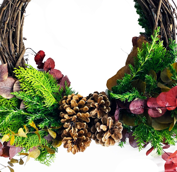 Thanksgiving Wreath - Autumn on the Vine with cedar greenery, eucalyptus, pinecones, and autumn-hued foliage. Perfect for seasonal décor and celebrations.