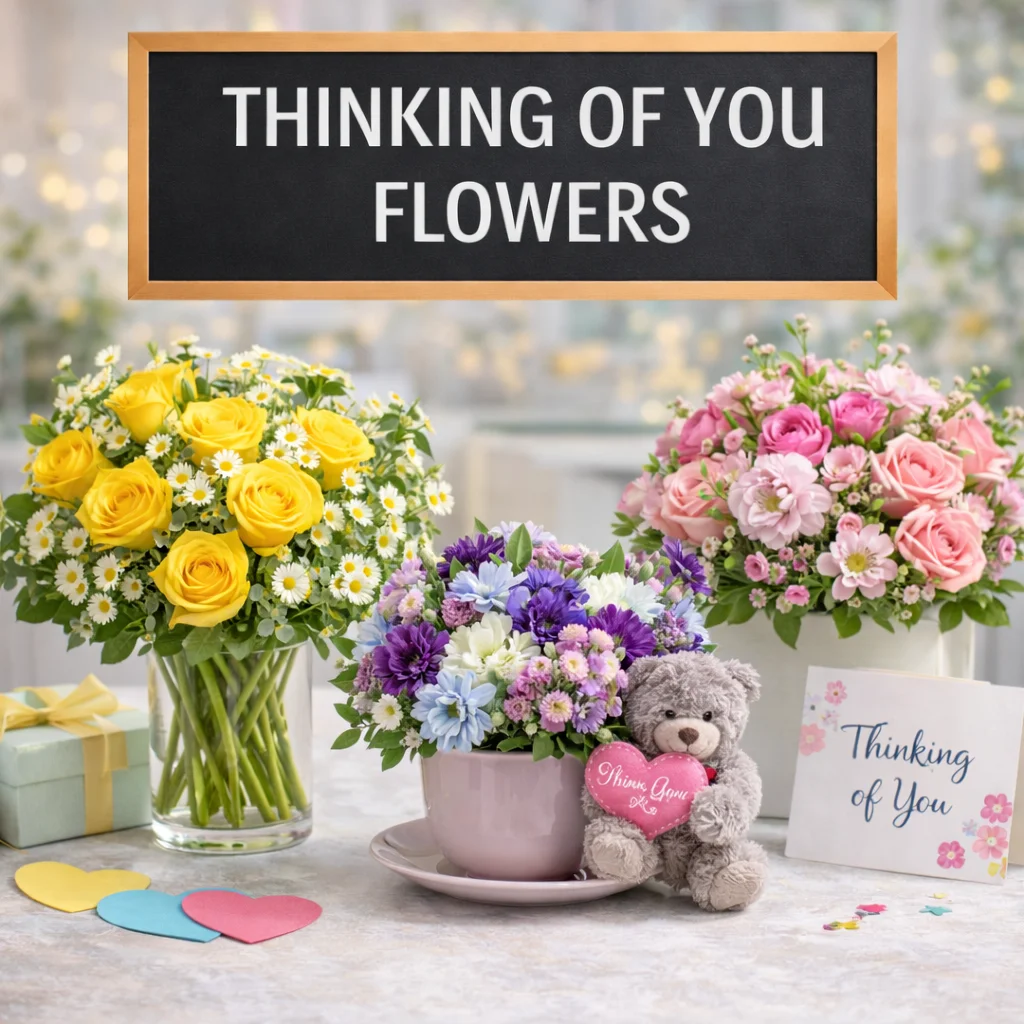 Thinking of you flowers with yellow, pink, purple, and white bouquets, thoughtful cards, and soft gift accents for care and encouragement.