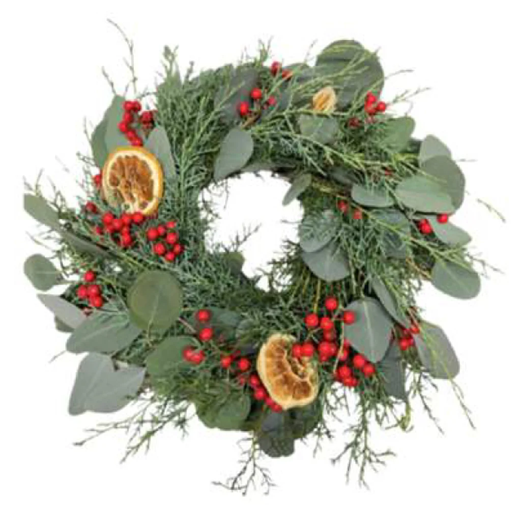 Upscale Jack Frost Wreath with Carolina Sapphire, Silver Dollar eucalyptus, oranges, and red berries.
