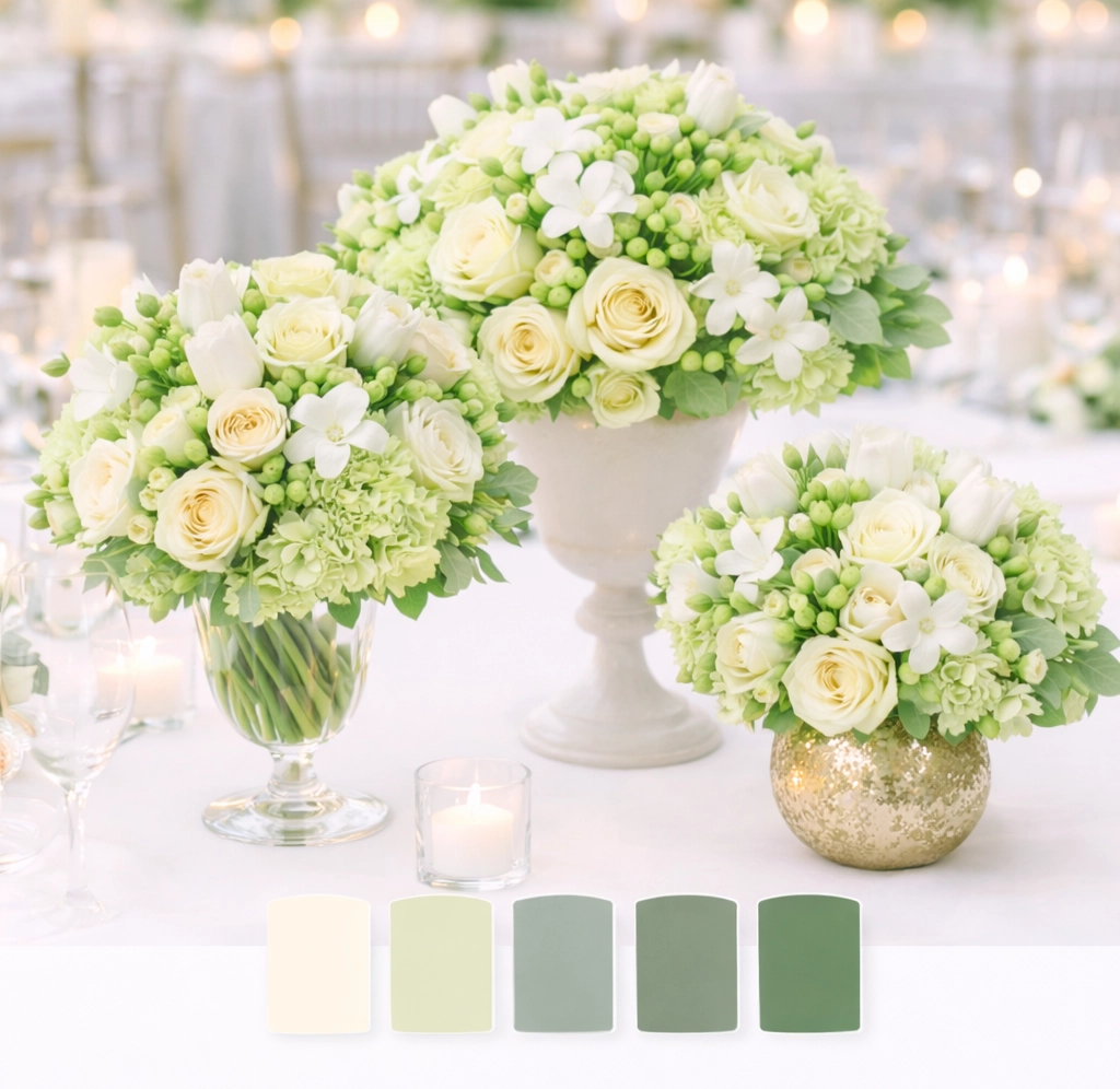 Wedding centerpieces with cream roses, white tulips, green hydrangea, stephanotis and hypericum, soft green palette
