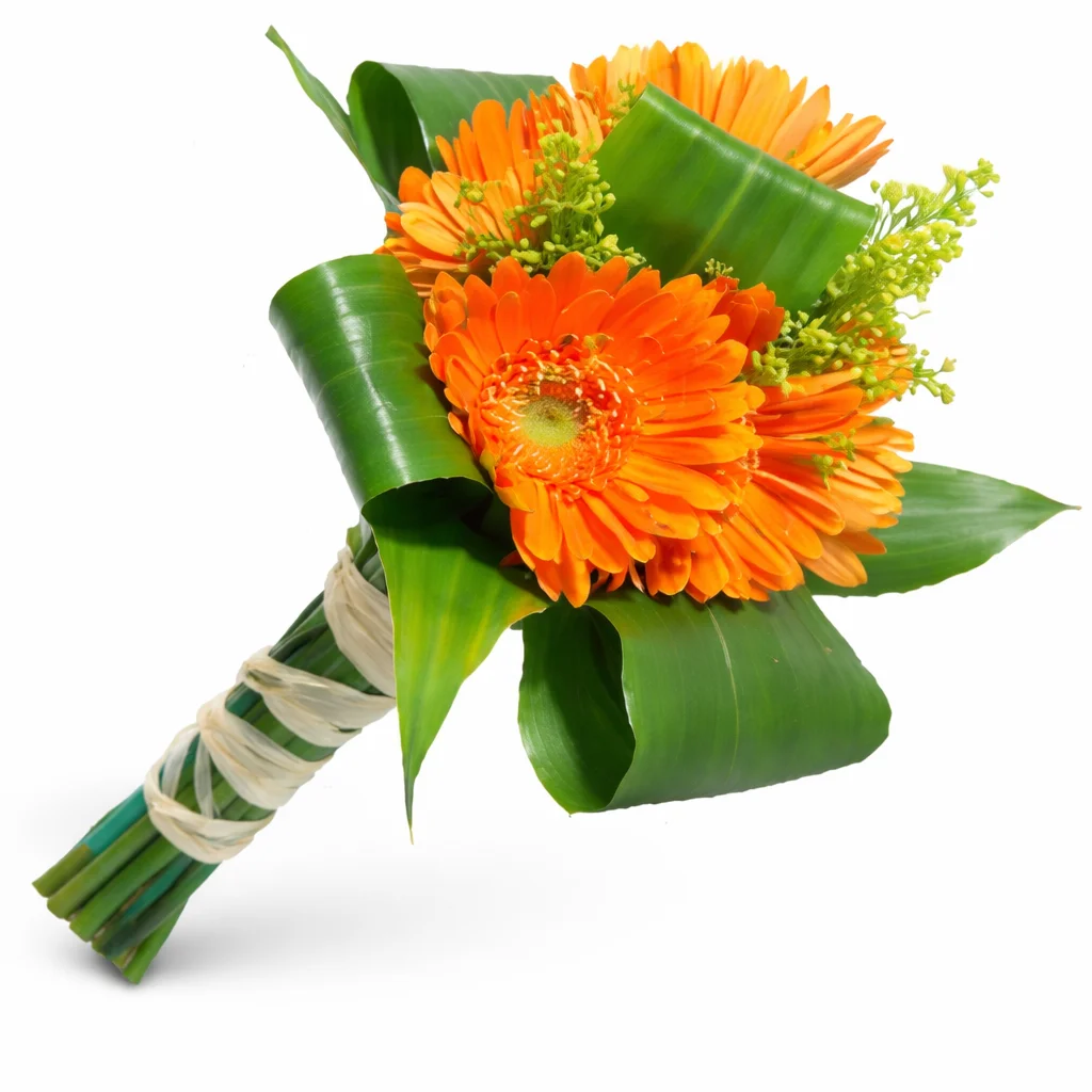 Orange gerbera bridesmaids bouquet, bright wholesale wedding flowers for summer weddings and bold floral arrangements.