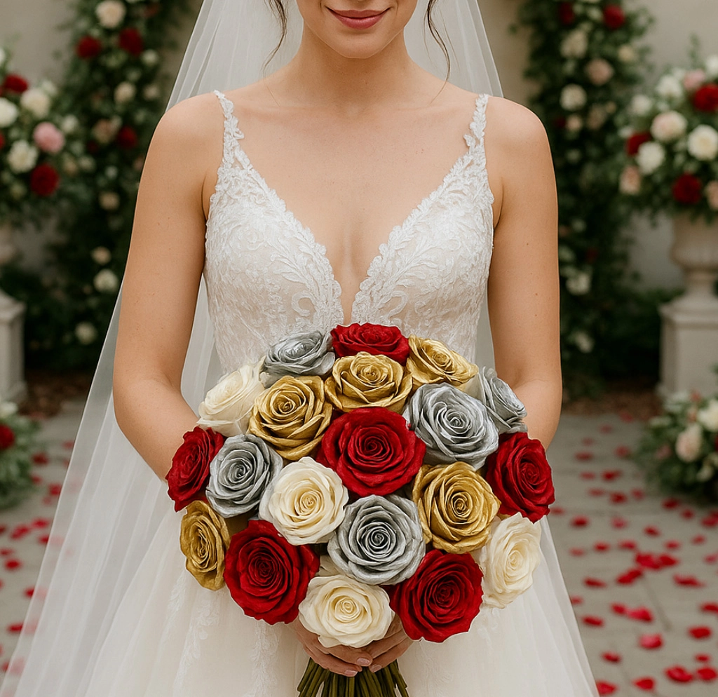 Bride holding red, gold, silver, and white holiday roses bouquet for winter weddings and Christmas events – premium fresh rose collection.