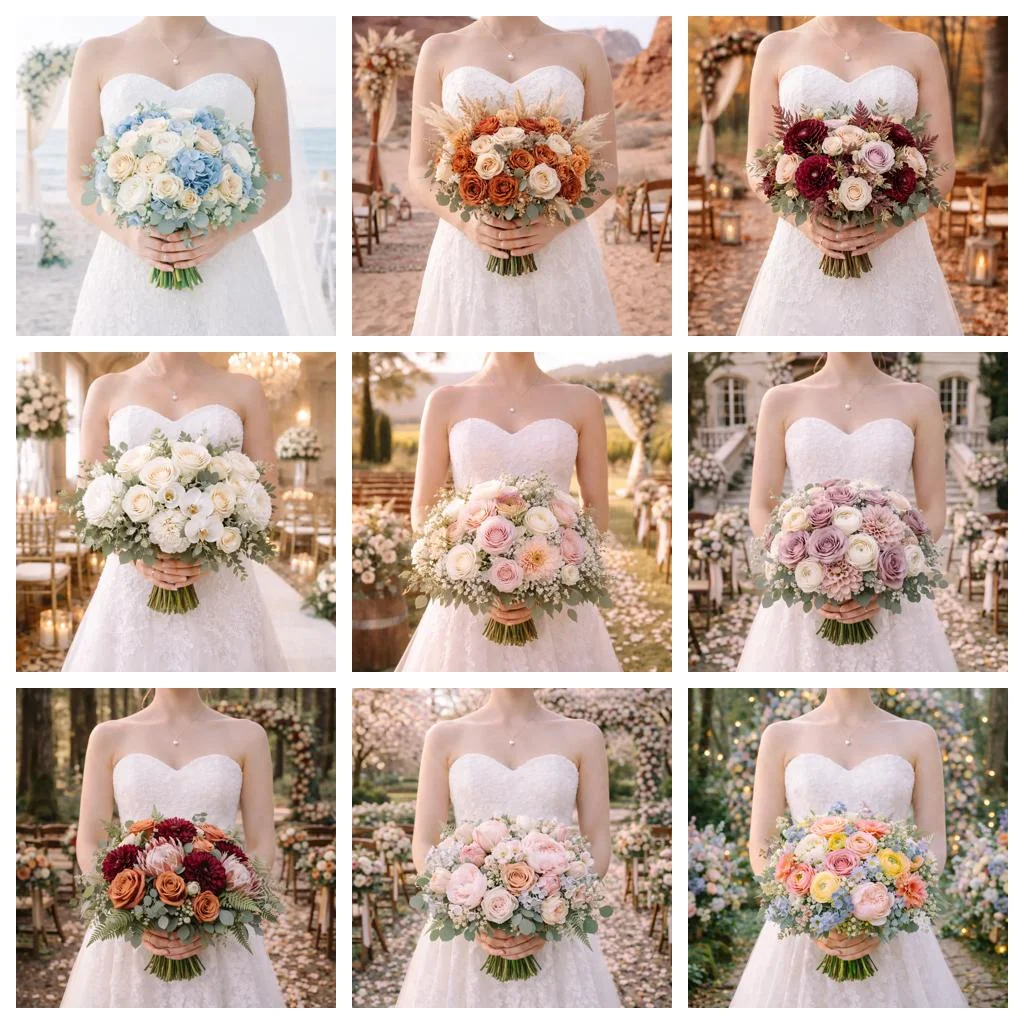 Collage of nine wedding bouquets in different themes including beach, boho, fall, indoor, outdoor, romantic, rustic, spring, and whimsical styles featuring brides holding floral arrangements.