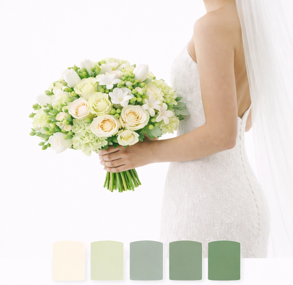 DIY wedding bouquet with cream roses, white tulips, green hydrangea, stephanotis and hypericum berries, soft green palette