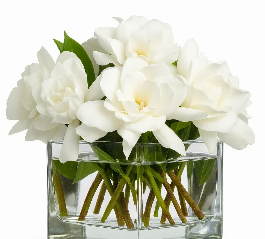 A captivating photo of fresh, fragrant gardenias, perfectly arranged, radiating elegance and timeles