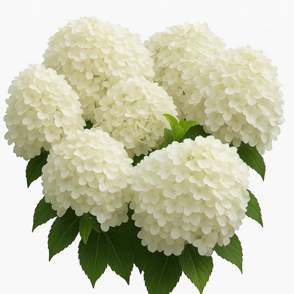White hydrangea flower clusters with delicate petals and green leaves displayed against a clean white background, highlighting their soft, natural beauty.
