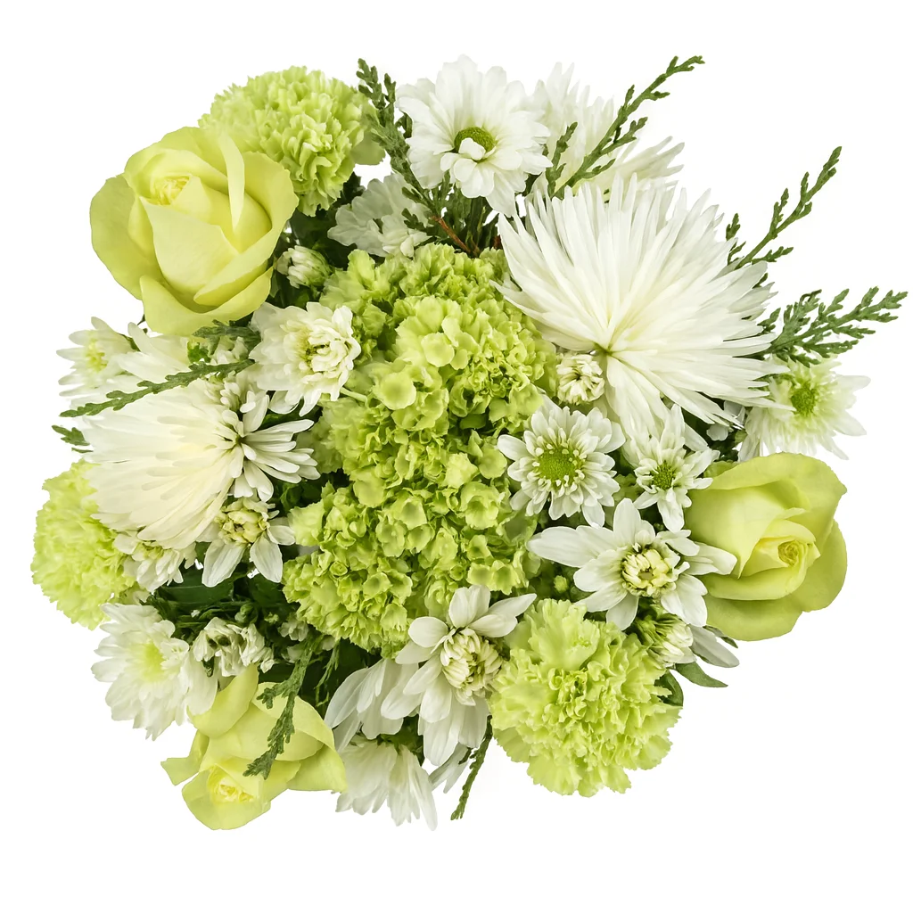 A lush White Mum Green Mini Hydrangea Flower Centerpiece wrapped in decorative paper, showcasing white and green florals.