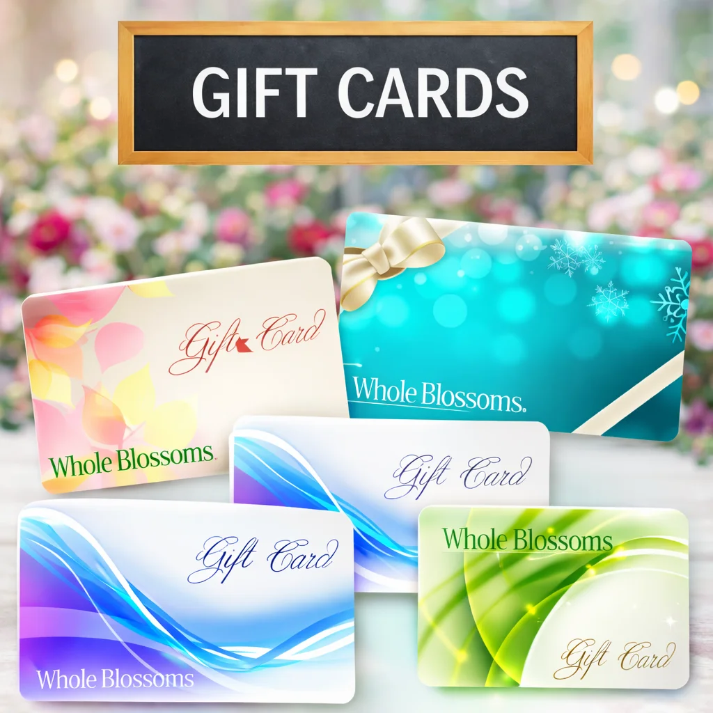 Whole Blossoms flower gift cards for fresh blooms, wholesale flowers, wedding flowers, bulk arrangements, and thoughtful floral gifting options today.