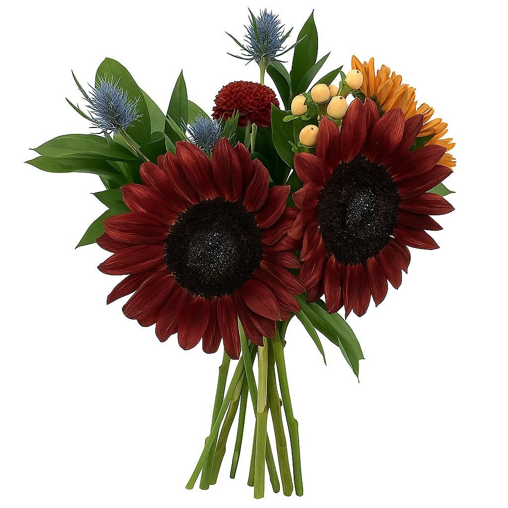 Freshly harvested Chocolate Sunflowers shipped in bulk, showcasing bold color and strong stems for premium floral design.