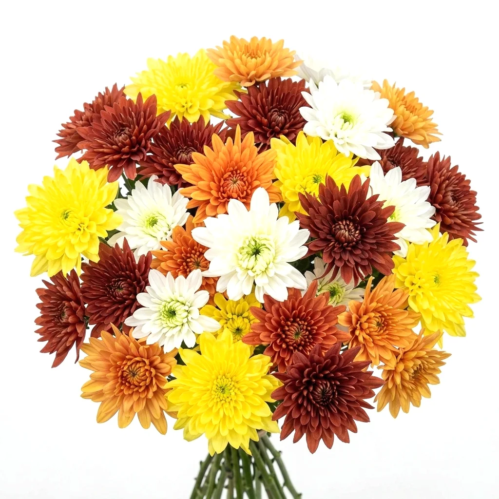 Fresh wholesale cushion pom poms in a colorful top-view bouquet featuring white, yellow, orange, and bronze blooms.