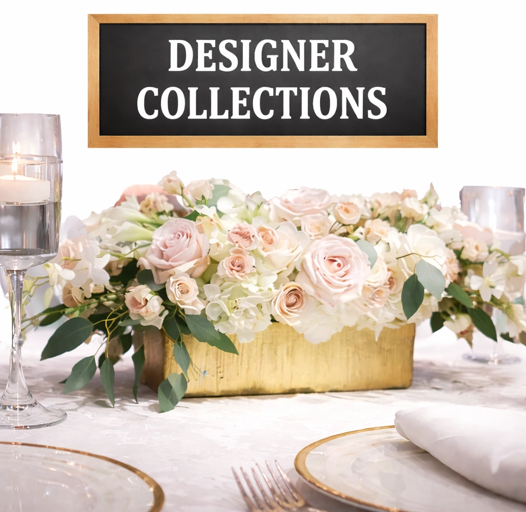 Designer flower collections featuring elegant fresh cut arrangements with roses and premium blooms for weddings, centerpieces, and upscale floral designs.