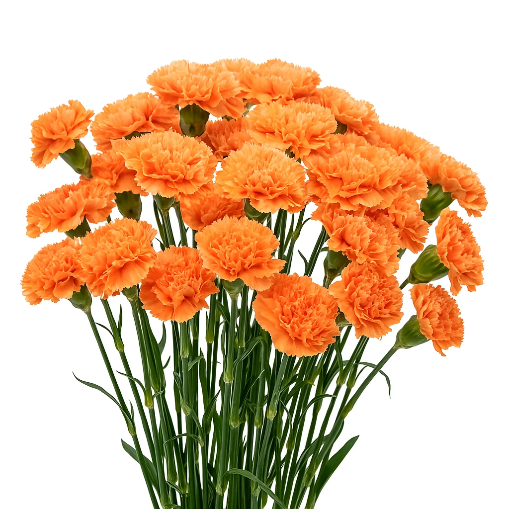 Wholesale fresh-cut orange carnations with ruffled blooms and durable stems, ideal for florists and bulk event orders.