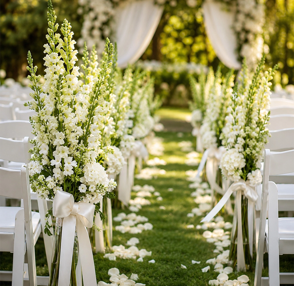 Vibrant snapdragons adorning the backs of wedding chairs, adding a magical touch to the event decor.