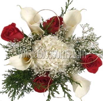 White Calla Lilies & Red Wholesale Roses Centerpiece