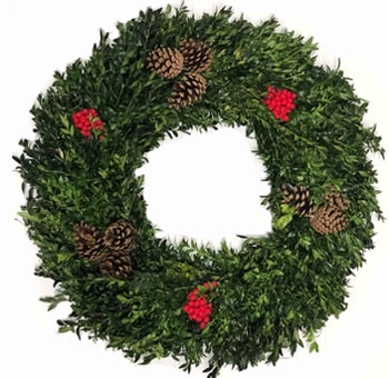 Boxwood Wreaths with berries and Cones